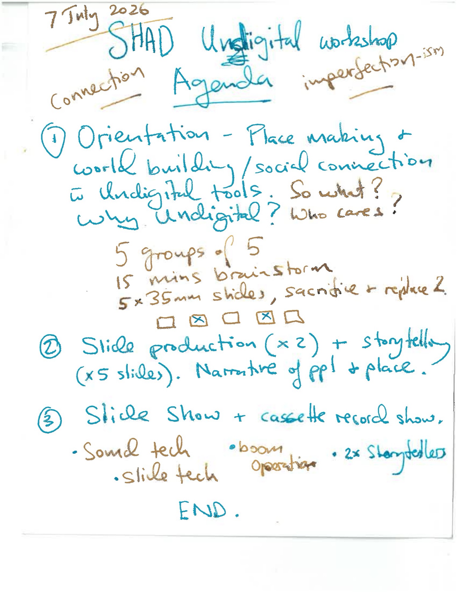 A handwritten agenda in teal and brown marker, dated 7 July 2026 — SHAD Undigital workshop: orientation and place-making with undigital tools, slide production and storytelling, then a slide show and cassette record show.