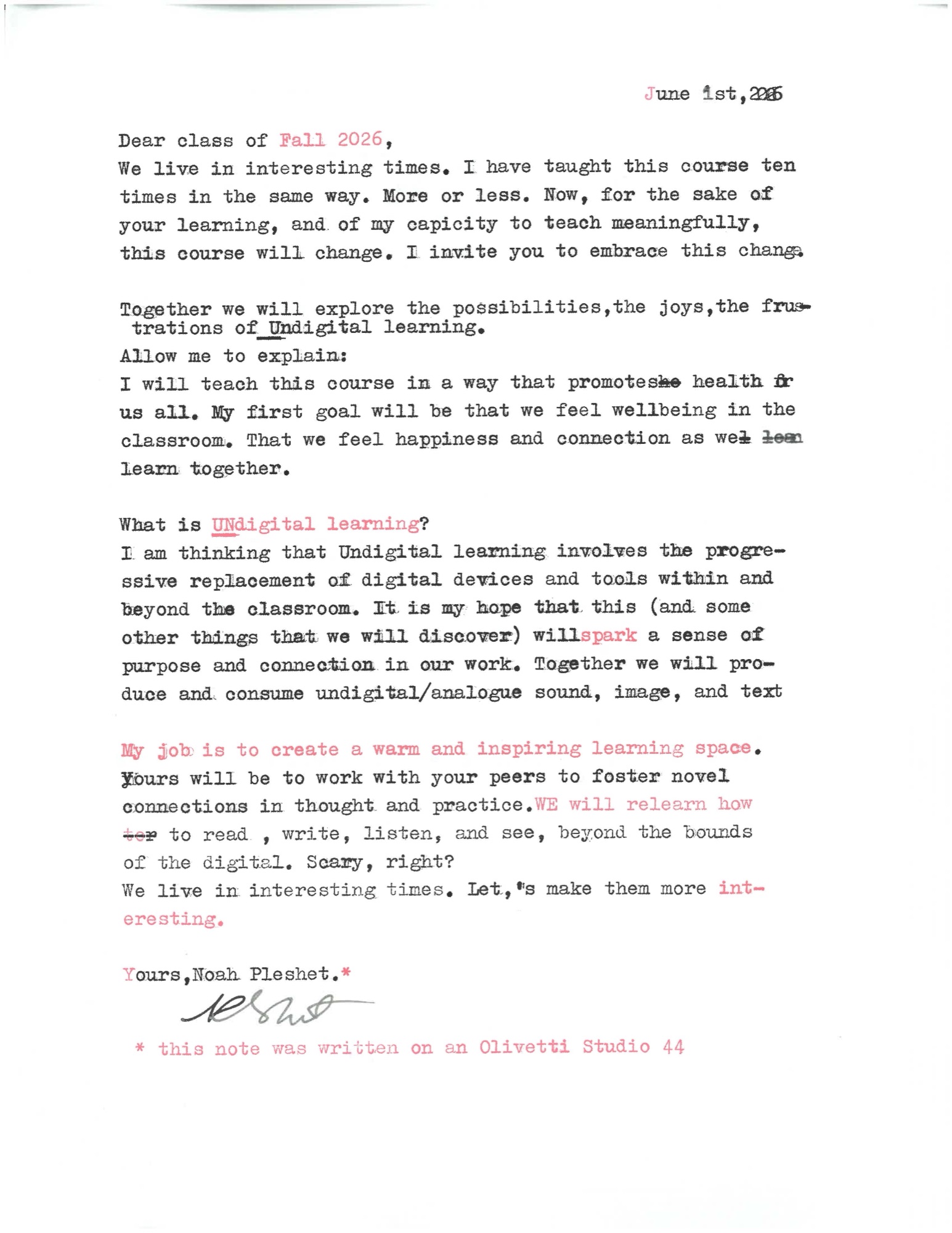 A typed memo to the class of Fall 2026, in black and red typewriter ink.